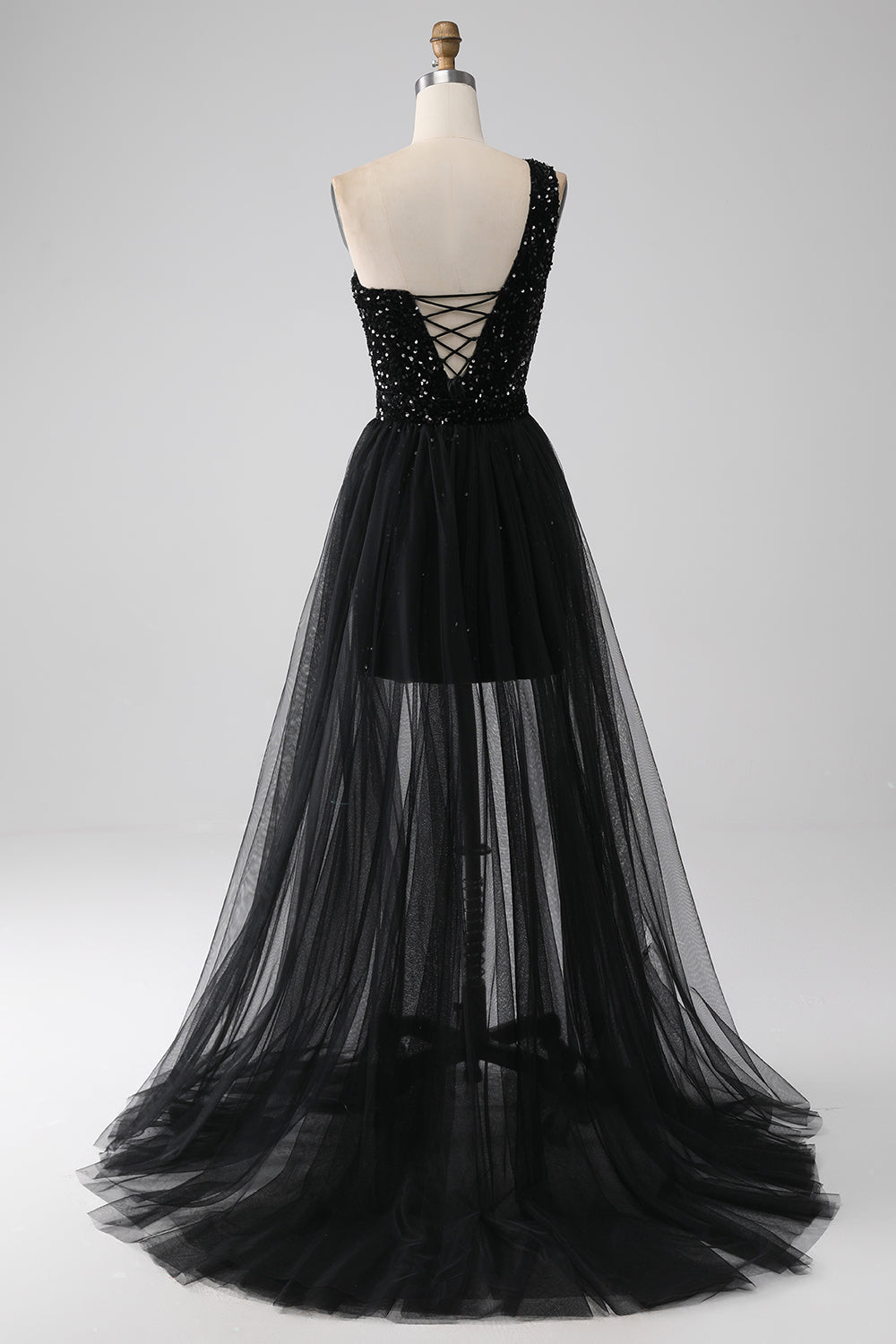 Luolandi Sparkly Black A-Line One Shoulder Sequins Long Prom Dress Sexy Evening Dresses